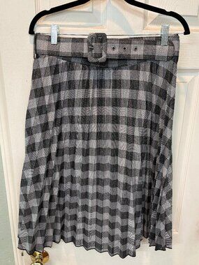 Metrowear Gray Black Plaid Pleated Midi Skirt Belted Flare Size Large